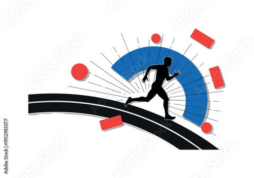 monochrome silhouette of long-distance runner on track curve, surrounded by bold blue semicircle and red flat shapes, thin radiating lines implying endurance