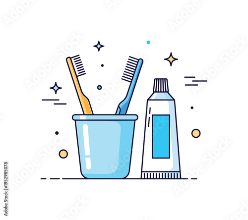 Brushing teeth morning routine theme centered on a simple bathroom cup with a toothbrush and toothpaste tube arranged neatly beside it. A bright editorial