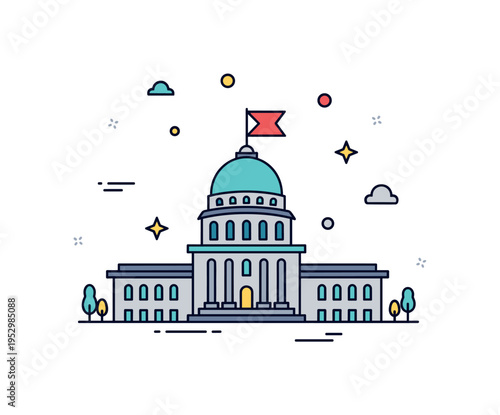National independence principle theme featuring a simplified capitol building silhouette with a small flag on top, symbolizing autonomous governance and
