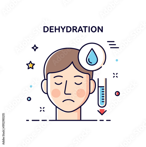 Dehydration symptom badge centered on a simplified pale face with a small water droplet icon and downward level indicator, conveying fluid deficiency and