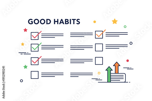 Good habits concept checklist page with multiple ticked boxes and a small upward arrow icon, representing self improvement and daily discipline. Minimalist