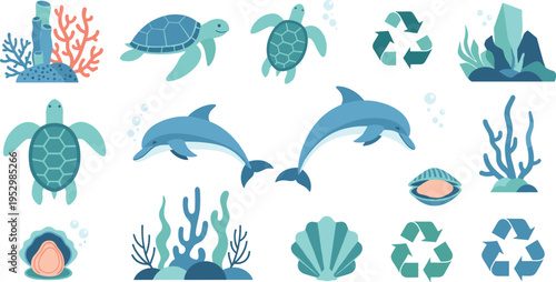 Marine Life and Ocean Conservation Set with Turtles, Dolphins, Coral Reefs, Shells, and Recycling Symbols, Underwater Ecology Vector Illustration Collection