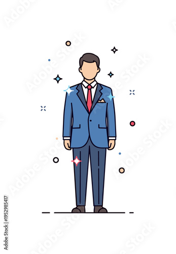 Wearing a suit confident professional standing upright in a tailored jacket and tie with subtle sparkle accents, expressing elegance, ambition and polished