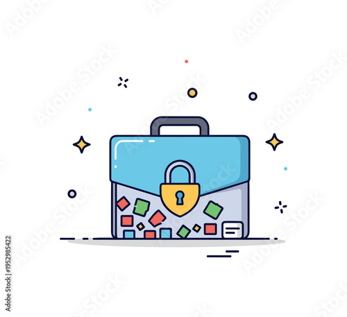 Data breach prevention strategy illustrated by a locked briefcase icon with small data fragments securely contained inside. The scene communicates