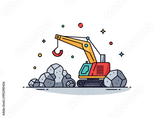 Mining raw material stockpile scene with simplified ore rocks arranged in a small balanced composition expressing extraction and industrial supply. Subtle