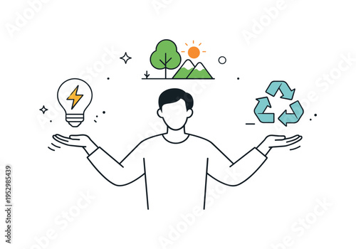 Eco balance concept. A person holding simple icons of energy, nature, and reuse evenly balanced around them. The illustration feels abstract, thoughtful, and