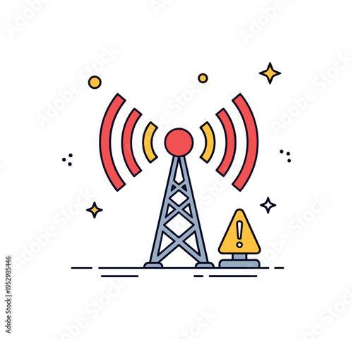 Emergency broadcast signal antenna tower combined with small alert icon and bold radiating arcs, representing urgent public announcements and