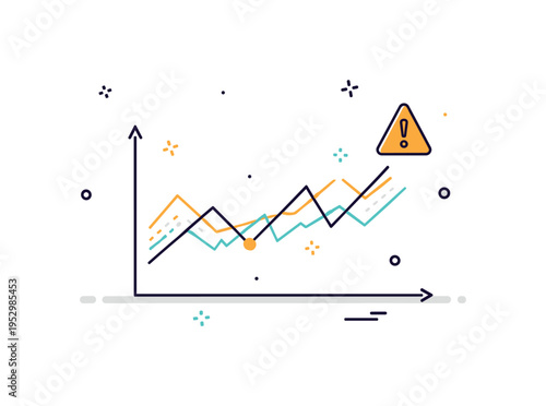 Market volatility chart fluctuating line graph with subtle zigzag pattern and small alert symbol, expressing risk awareness and dynamic economic conditions.