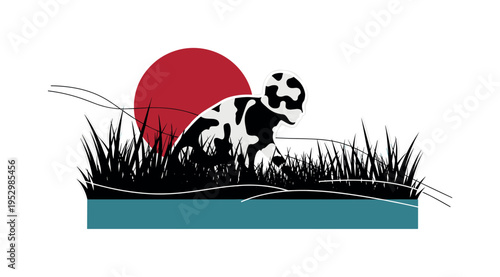 Black and white abstract figure creeping through tall grass silhouettes, oversized deep red circle partially hidden behind the grass shapes, teal rectangular