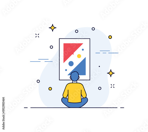 Quiet reflection in art space portrayed through a seated figure facing a single striking canvas with subtle calm lines around, expressing