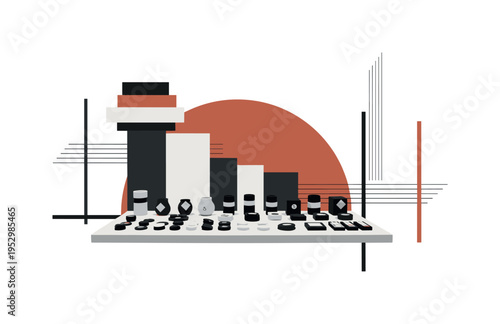 black and white artisan market table displaying small handcrafted items, bold terracotta semicircle anchoring background, abstract rectangular forms stacked