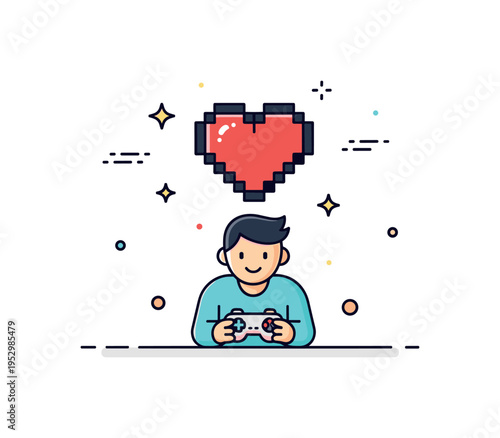 Playing video games retro arcade mood illustration featuring a simplified character holding a controller beneath a pixel style heart icon. The scene conveys