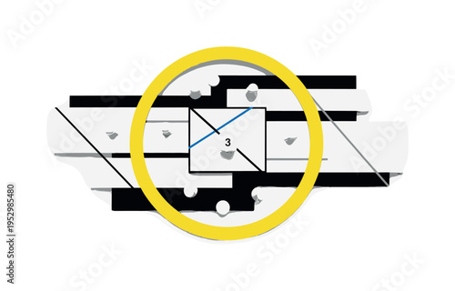 monochrome simplified game board viewed from above with scattered tokens and dice, bright yellow circular frame anchoring composition, flat geometric