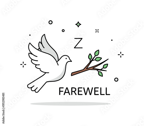 Peaceful farewell illustration with a white dove and simple branch representing hope and spiritual release. Clean negative space enhances serenity