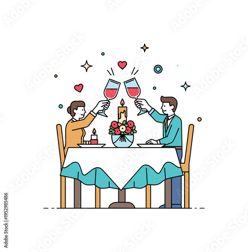 Romantic anniversary dinner candlelit table with a small bouquet and two glasses raised in celebration, expressing intimacy and gratitude for years spent
