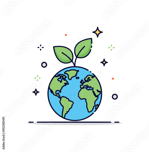 Sustainable future idea built around a globe icon with a leaf sprouting upward and a small sparkle accent, symbolizing environmental responsibility, renewal,