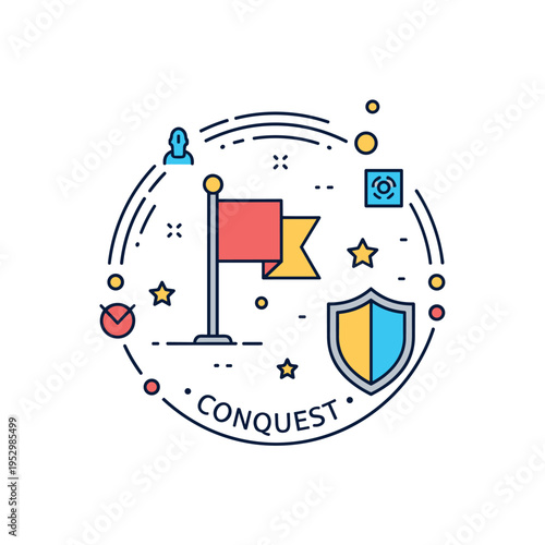 Conquest emblem badge circular design featuring a small flag, shield and subtle star accents, representing power, victory and determined ambition. Minimalist