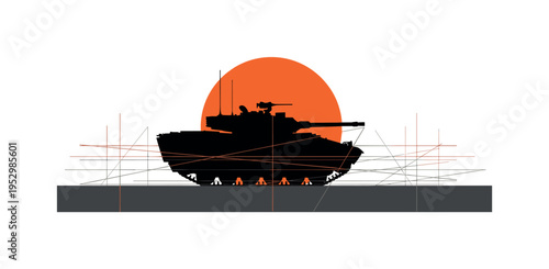 monochrome armored vehicle silhouette parked inside base perimeter, bold orange geometric circle behind vehicle, flat rectangular barrier forms in charcoal