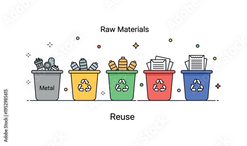 Recycling raw materials storage area featuring sorted bins with metal, plastic, and paper icons representing sustainable resource management. A short word