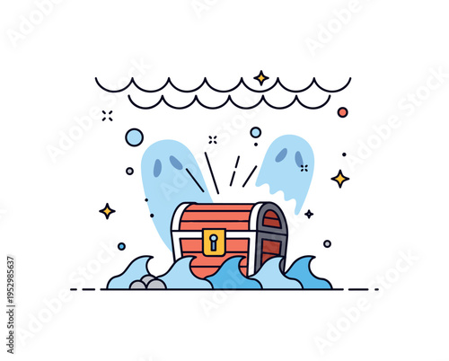 Sunken treasure chest underwater surrounded by simple wave shapes and a subtle ghostly silhouette behind it. The scene communicates forgotten riches and the