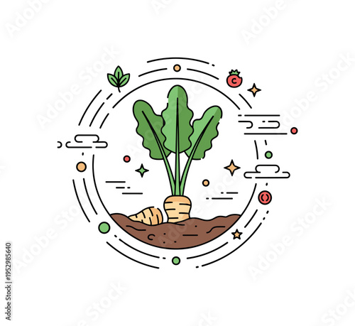 Growing horseradish plant illustrated as leafy green tops emerging from soil with a partially visible root beneath, framed in a neat circular badge. The scene