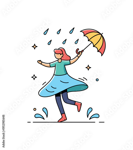 Dancing in the rain joyful figure twirling under falling raindrops with a small umbrella tilted aside, capturing freedom and carefree happiness in a compact