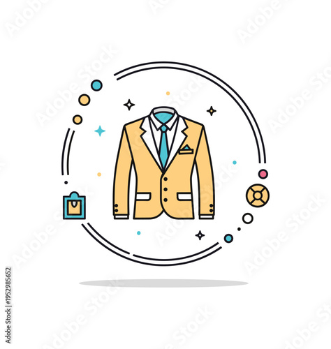 Mens fashion branding badge featuring a minimal suit jacket icon framed within a circular outline symbolizing elegance and curated style identity. Tiny star