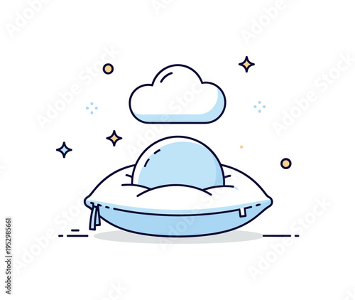 Pillow cloud like softness concept where a rounded cushion visually echoes a small cloud shape hovering above it. A gentle metaphor of lightness, relaxation,