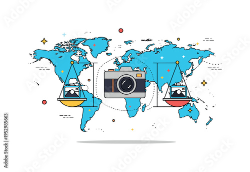 Documenting global conflict concept with a world map backdrop and central camera icon expressing international scope and collective memory. Balanced