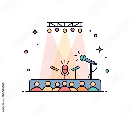 Live concert atmosphere showing a simple stage silhouette with microphone and soft spotlight beams above, symbolizing performance and shared excitement. The