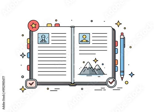 Sketching travel memories open journal page with small mountain doodle and subtle sparkle accents, expressing creative documentation and emotional connection