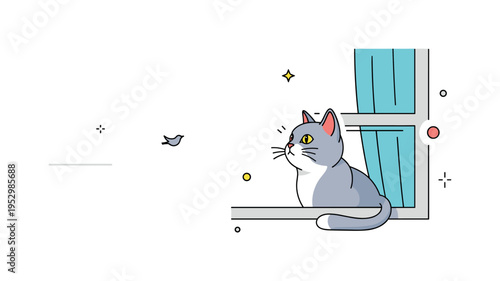 Cat looking out the window with a tiny bird silhouette in the distance and soft attention lines near the eyes, capturing focus, instinct, and quiet