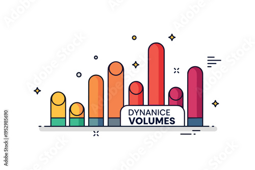 Dynamic volumes sound intensity theme illustrated by rounded bars rising in varied heights like a compact equalizer display. The composition reflects rhythm,