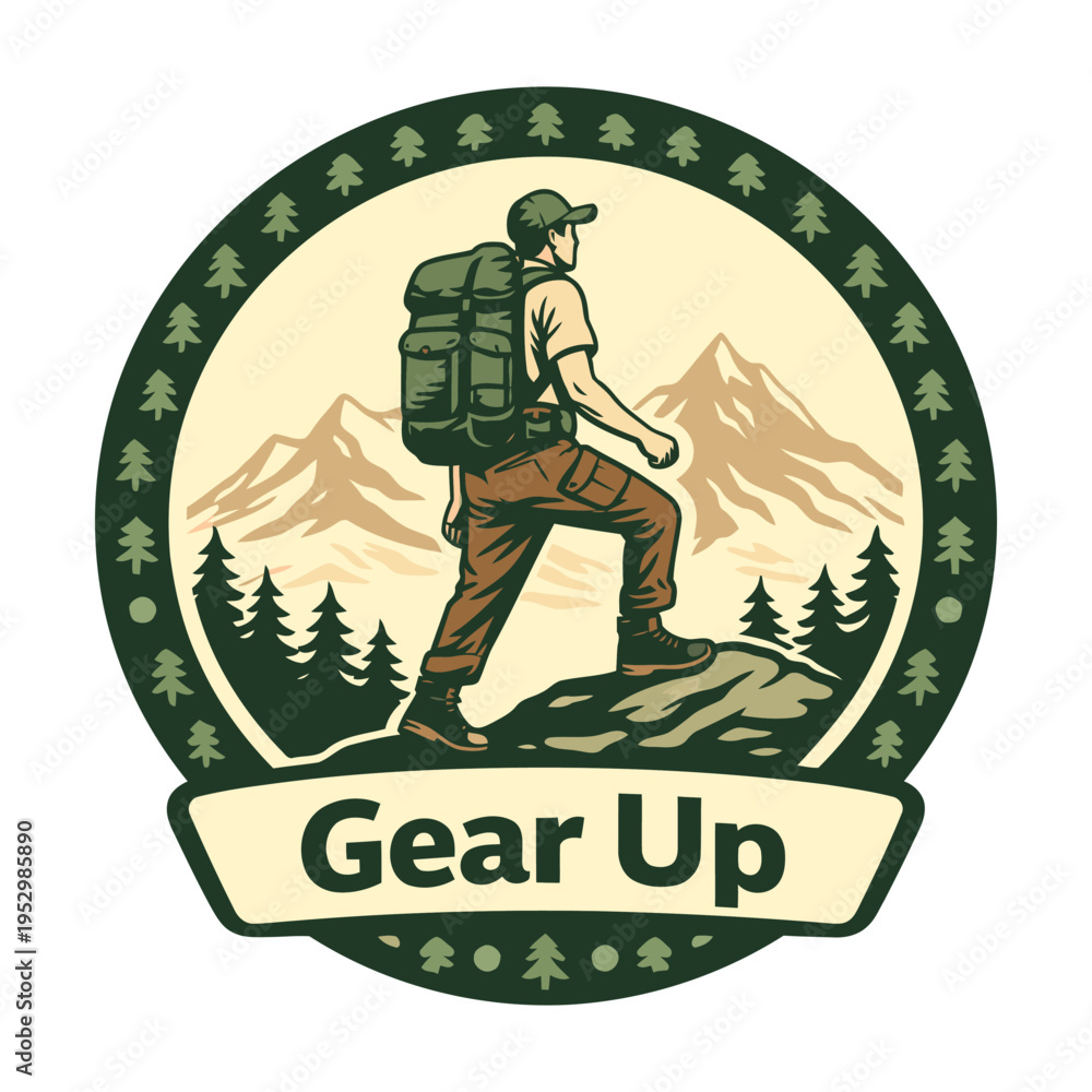 Fototapeta premium Illustration of a hiker with backpack standing on a mountain peak ready for adventure and exploration journey