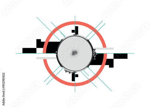 black and white snare drum viewed from top, combined with bright coral circular frame and teal geometric bars, thin intersecting lines and abstract flat blocks