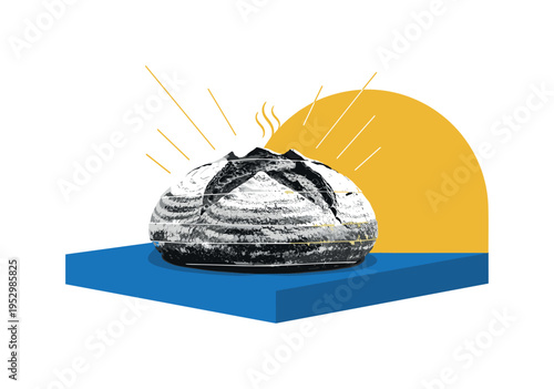 Black and white artisan round bread placed slightly off-center, layered paper collage effect, bold mustard yellow semicircle framing the loaf, cobalt blue