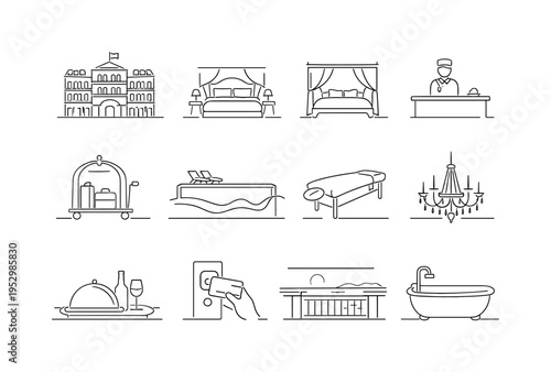 Luxury Themed Hotel Experience. Minimalistic set one-line drawing grand hotel facade, themed suite bedroom, canopy bed outline, concierge desk, luggage trolley