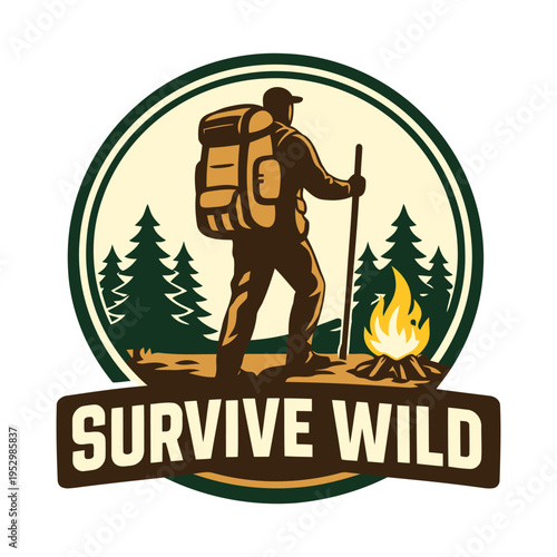 Illustration of a hiker with backpack and trekking pole standing near campfire in forest scene logo design