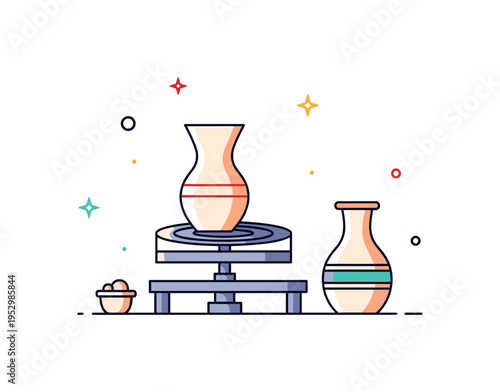 Traditional craft workshop scene with a pottery wheel and simple vase representing handmade artistry and generational skill transfer. Soft decorative dots add