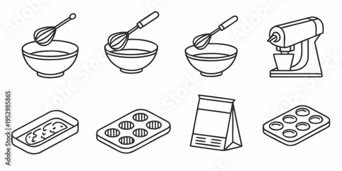 Baking including bowls, mixer, and baking pans whisk
