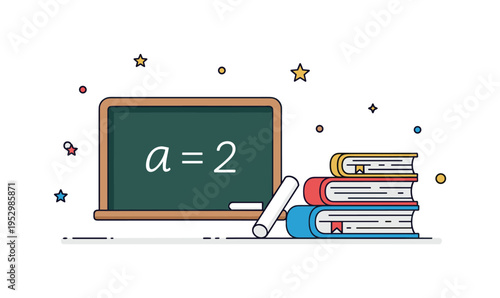 Teacher toolkit chalkboard with simple equation and piece of chalk beside stacked books, expressing guidance, instruction and knowledge sharing. Minimalist