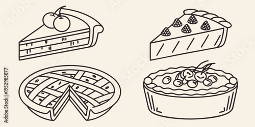 Black and white pie with various toppings cherries