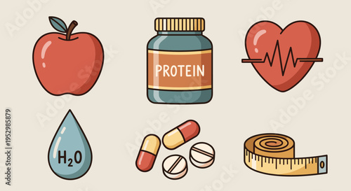 A collection of health-related icons including an apple, protein jar, heart, water droplet, and measuring tape in a colorful, modern style