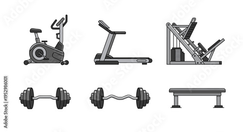 A collection of fitness equipment icons featuring a stationary bike, treadmill, weights, and a bench in a minimalist style