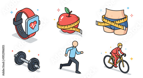 A colorful collection of health and fitness icons including a smartwatch, fruit, measuring tape, and exercise figures in a modern flat style