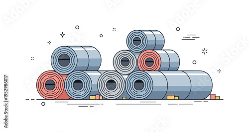 Industrial raw material stockpile featuring large stacked metal coils arranged in a balanced composition expressing heavy industry and resource readiness.
