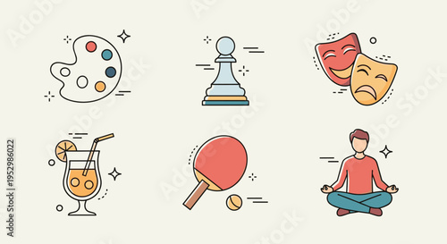 A collection of playful icons featuring hobbies and activities in a modern flat style, ideal for creative projects