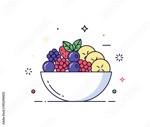 Fruit platter healthy snack concept showing a compact bowl filled with mixed berries and banana slices topped with a small mint leaf accent. A clean visual