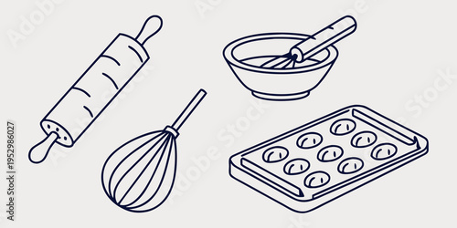 Baking tools on gray background rolling pin whisk bowl