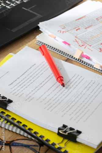 Vertical image of workspace with documents, clips and notes during proofreading and editing of written content